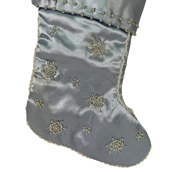 Elegant Blue Satin Christmas Stocking With Pearl & Bead Snowflake Design - Picture 3 of 4